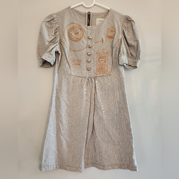 Dainty June Dresses & Skirts - Dainty June Grey Stripe Dress with Mustard Color Embroidered front.  SIZE 4
